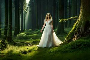 ein Frau im ein Hochzeit Kleid ist Stehen im das Wald. KI-generiert foto