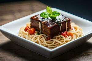 ein Platz Weiß Teller gekrönt mit Spaghetti und Fleisch. KI-generiert foto