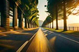 ein lange Straße mit Bäume und ein Auto Fahren Nieder Es. KI-generiert foto