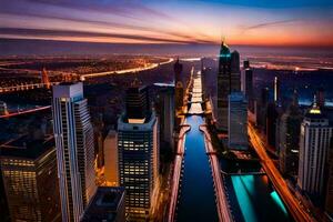 das Chicago Fluss ist gesehen von über beim Sonnenuntergang. KI-generiert foto