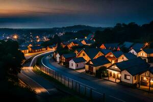 ein Stadt, Dorf beim Nacht mit Häuser auf das hügel. KI-generiert foto