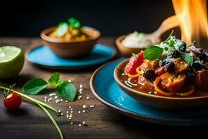 ein Schüssel von Essen mit ein Feuer auf das Seite. KI-generiert foto