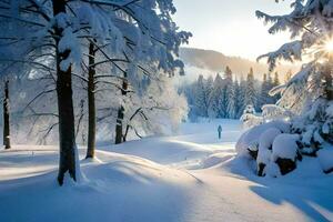 Winter Landschaft mit Bäume bedeckt im Schnee. KI-generiert foto