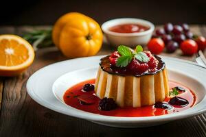 ein Dessert mit Obst und Soße auf ein Platte. KI-generiert foto