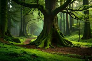 ein Grün Wald mit Bäume und ein Weg. KI-generiert foto