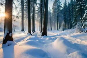 ein schneebedeckt Wald mit Bäume und Sonne leuchtenden. KI-generiert foto