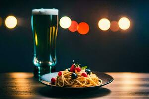 Spaghetti mit Beeren und Bier auf ein hölzern Tisch. KI-generiert foto