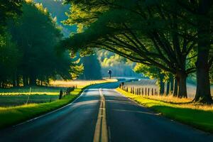 ein lange Straße mit Bäume und Gras auf entweder Seite. KI-generiert foto