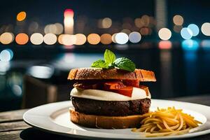 ein Burger mit Käse und Fleisch auf ein Platte. KI-generiert foto