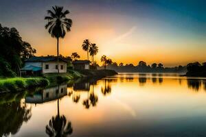 ein schön Sonnenuntergang Über ein Fluss mit Palme Bäume. KI-generiert foto