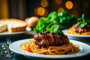 Spaghetti mit Fleisch und Gemüse auf ein Platte. KI-generiert foto