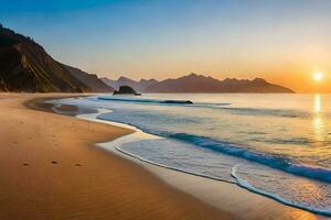 das Sonne steigt an Über das Ozean und Berge im diese schön Strand. KI-generiert foto