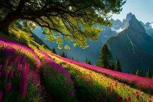 Foto Hintergrund das Himmel, Blumen, Bäume, Berge, das Sonne, das Bäume, das Blumen. KI-generiert