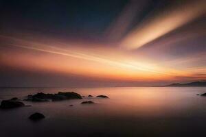 ein lange Exposition fotografieren von das Sonnenuntergang Über das Ozean. KI-generiert foto