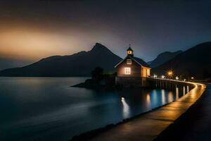 ein Kirche auf das Ufer von ein See beim Nacht. KI-generiert foto