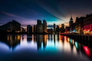 das Stadt Horizont beim Nacht mit Reflexionen im das Wasser. KI-generiert foto