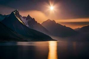 das Sonne scheint Über ein Berg Angebot und See. KI-generiert foto