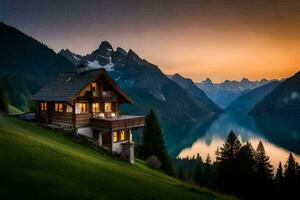 das Haus auf das See, See, Berge, Sonnenuntergang, Haus, hd Hintergrund. KI-generiert foto