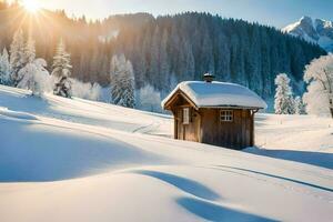 ein klein Kabine im das Schnee. KI-generiert foto