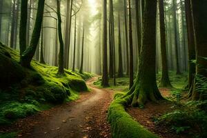 ein Pfad durch ein Grün Wald mit Bäume und Moos. KI-generiert foto