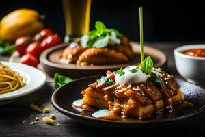 ein Teller von Essen mit Spaghetti und Fleisch. KI-generiert foto