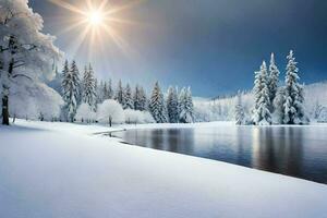 Winter Landschaft mit Schnee bedeckt Bäume und Sonne. KI-generiert foto