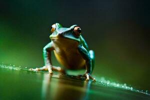 ein Frosch ist Sitzung auf ein Grün Blatt. KI-generiert foto