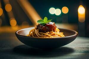 ein Schüssel von Spaghetti mit Fleischklößchen auf ein hölzern Tisch. KI-generiert foto