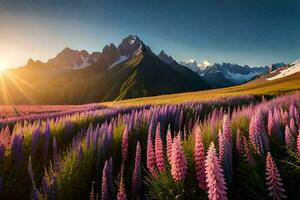 das Sonne steigt an Über das Berge und das Lupine Blumen. KI-generiert foto