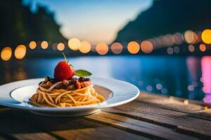 Spaghetti mit ein Erdbeere auf ein Platte. KI-generiert foto