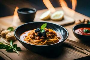 ein Schüssel von Pasta mit Soße und Gemüse auf ein hölzern Tisch. KI-generiert foto