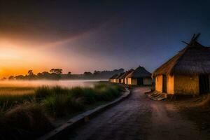 ein Sonnenaufgang Über ein klein Dorf mit mit Stroh gedeckt Hütten. KI-generiert foto