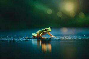 ein Frosch Sitzung auf das Boden im das Regen. KI-generiert foto