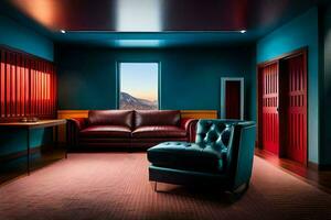 ein Zimmer mit ein rot Stuhl und Blau Wände. KI-generiert foto