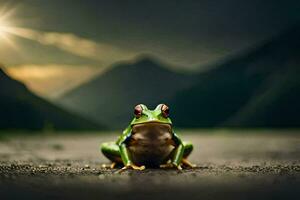 ein Frosch Sitzung auf das Boden im Vorderseite von ein Berg. KI-generiert foto