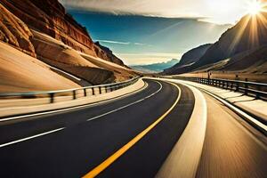 ein Autobahn mit ein Sonne leuchtenden im das Hintergrund. KI-generiert foto