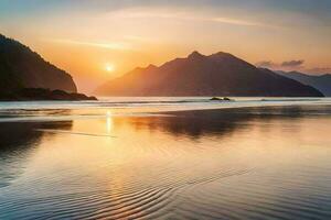 das Sonne setzt Über das Ozean und Berge. KI-generiert foto