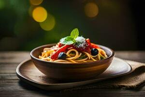 Spaghetti mit Tomate und Oliven im ein hölzern Schüssel. KI-generiert foto