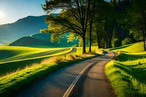 ein Straße Wicklung durch ein Grün Feld mit Bäume und Hügel. KI-generiert foto