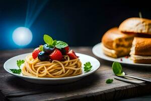 Spaghetti mit Beeren und ein Sandwich auf ein hölzern Tisch. KI-generiert foto