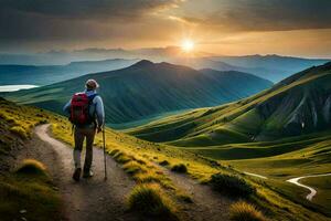 ein Mann mit ein Rucksack Spaziergänge auf ein Pfad im das Berge. KI-generiert foto