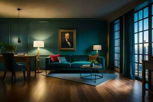 ein Leben Zimmer mit ein Blau Couch und ein Gemälde auf das Mauer. KI-generiert foto