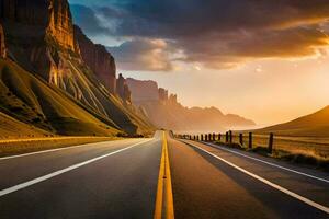 ein lange Straße mit Berge im das Hintergrund. KI-generiert foto