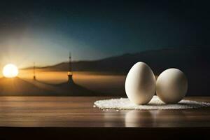 zwei Eier sitzen auf ein Tabelle mit ein Sonnenuntergang im das Hintergrund. KI-generiert foto
