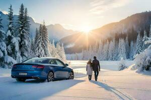 ein Paar Gehen gegenüber ein Blau Auto im das Schnee. KI-generiert foto