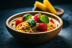 Spaghetti mit frisch Erdbeeren und Basilikum Blätter im ein hölzern Schüssel. KI-generiert foto