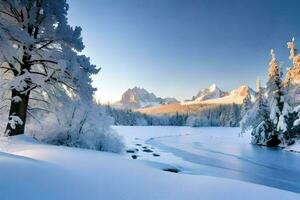 ein schneebedeckt Landschaft mit Bäume und ein Fluss. KI-generiert foto