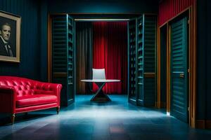 ein rot Couch im ein dunkel Zimmer mit Blau Wände. KI-generiert foto