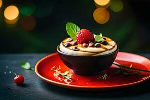 ein Dessert mit Schokolade und Beeren auf ein Platte. KI-generiert foto