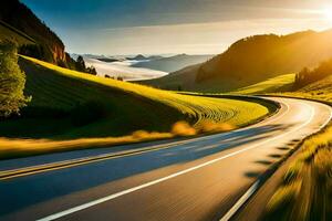 ein Straße im das Berge mit das Sonne leuchtenden. KI-generiert foto